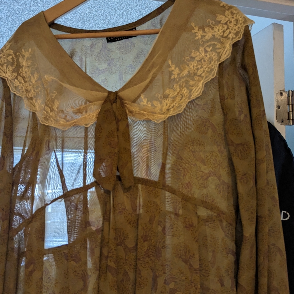 Vintage 1990's  10/12 Carol Little; sheer, collar ankle dress. Gold, red, olive